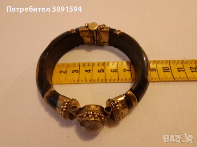 Винтидж гривна  дърво месинг ахат и седеф , снимка 4 - Антикварни и старинни предмети - 41665157