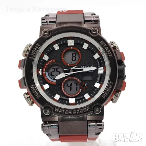Електронен мъжки часовник спортен модел с голям циферблат и червена силиконова каишка