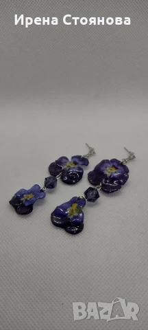 Обеци с естествен цвят на градински теменужки. Необичайно и стилно допълнение към вашия тоалет.
