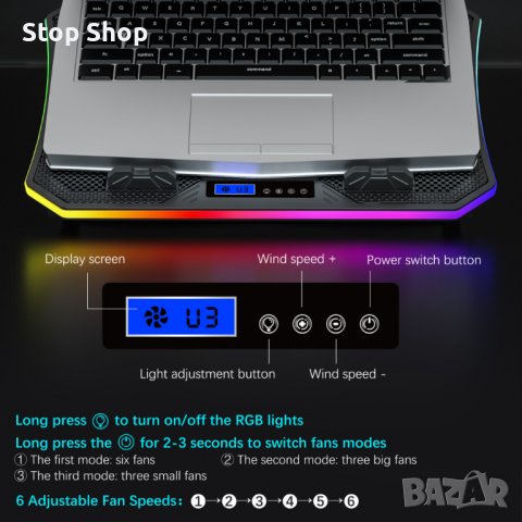 Охлаждаща подложка за лаптоп TopMate C12 RGB геймърски, снимка 4 - Лаптоп аксесоари - 39716981