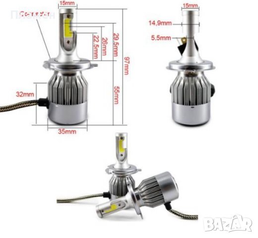 LED Диодни крушки за фарове C6 H4 и Н7 2бр/к-т 6000 k, 72 W, 7600 lm, IP 67 12-24 V, снимка 3 - Аксесоари и консумативи - 38720510