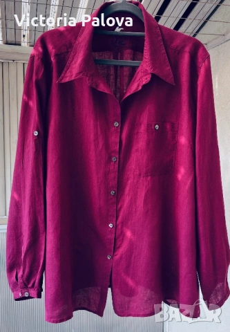 Премиум ленена риза Швеция Gudrun Sjöden XL – бордо цвят, 100% лен, снимка 4 - Ризи - 53872719