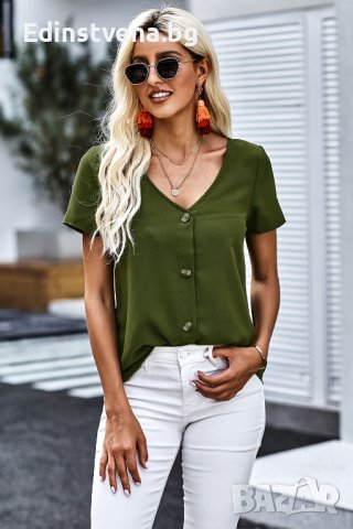 Дамска блуза в зелено с къс ръкав и копчета, снимка 6 - Тениски - 40517994