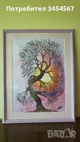 Ръчно рисувана картина "Танцуващо дърво" 62/48акварел, снимка 1 - Картини - 42306365