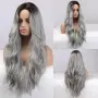 Сива омбре перука Silver Mist – черни корени, вълни и път по средата, 70 см, снимка 5