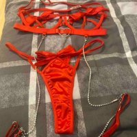 Червен луксозен еротичен комплект с вериги и панделки, снимка 5 - Бельо - 42024724