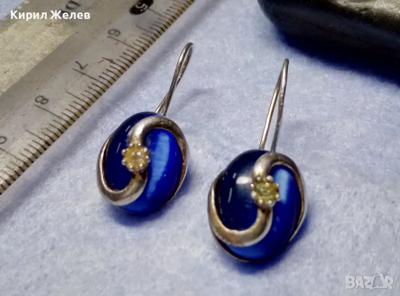 ПРЕКРАСНИ СРЕБЪРНИ ОБЕЦИ СРЕБРО 925 с ПОЛИРАНО СИНЬО КОТЕШКО ОКО АРТ ИЗРАБОТКА 49998, снимка 1