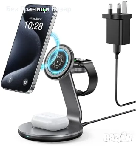Нова 3 в 1 Магнитна зарядна станция iPhone iWatch AirPods телефон слушалки, снимка 1