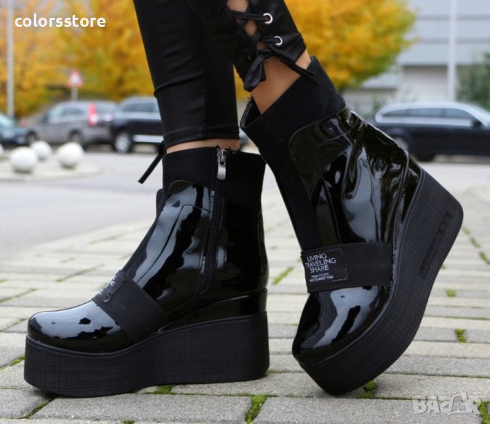 Боти на платформа - черен лак - K135, снимка 1