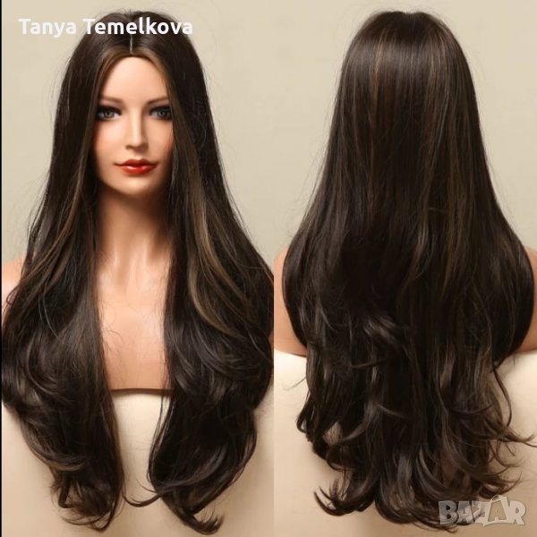 Дълга на вълни тъмно кафява перука без бретон, снимка 1