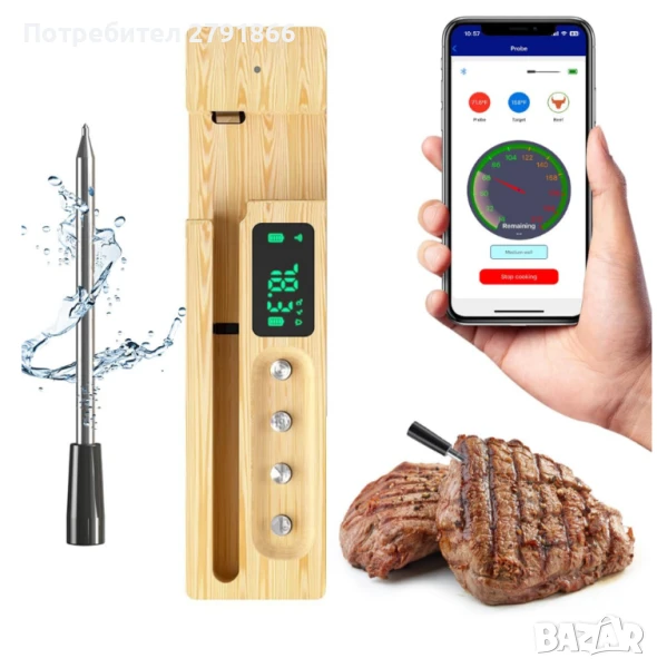 Smart безжичен термометър за месо Bluetooth и приложение дисплей и зареждане , снимка 1