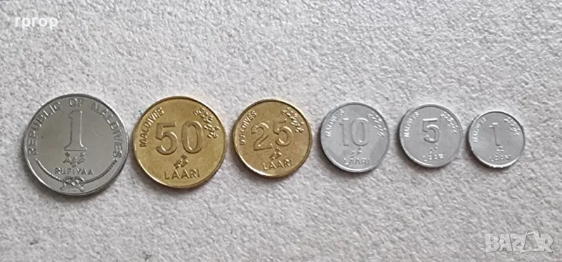 Екзотични монети. Малдиви.  Лот. 1, 5, 10, 25 , 50 лаари  и 1 рупия.  Лот. 6 бр. UNC., снимка 1