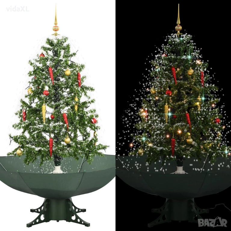 vidaXL Коледна елха с валящ сняг и основа от чадър, зелена, 140 см(SKU:284333), снимка 1