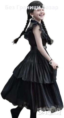 Нов костюм Черна рокля с перука и аксесоари за момичета Addams Хелоуин, снимка 4 - Други - 52133188