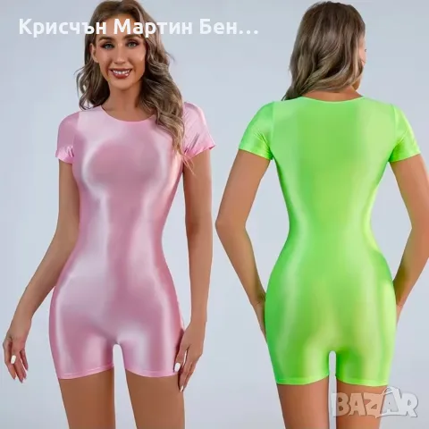 Дамски лъскав спортен гащеризон / рипс трико с къс ръкав – Елегантa и стил за тренировки и ежедневие, снимка 3 - Корсети, бюстиета, топове - 55731317
