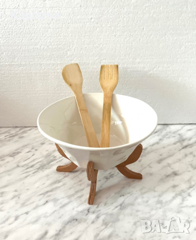 Купа с бамбукова стойка + бамбукови прибори за сервиране, снимка 4 - Прибори за хранене, готвене и сервиране - 36358407