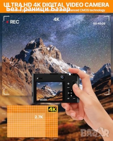 Нова Влог камера 4K 64MP с автофокус, светкавица и 2 батерии Фотоапарат, снимка 2 - Фотоапарати - 52257602