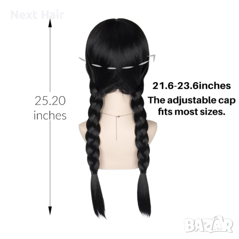 65 см черна аниме перука с две плитки и бретон, снимка 4 - Аксесоари за коса - 52049423