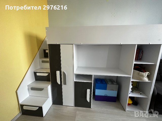 Комбиниранош Двуетажно легло + гардероб + бюро + стълбички шкафчета + етажерка, снимка 3 - Мебели за детската стая - 42464265