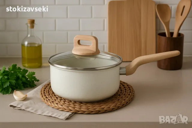 Касерола с капак Voltz Nice, 18x8.5см.\2.1л., Кован алуминий, Мраморно покр., Индукция. Кремав мелан, снимка 1