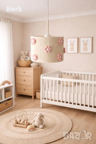 Детски полилей с текстилни помпони и цветя, снимка 2 - Лампи за таван - 53090113