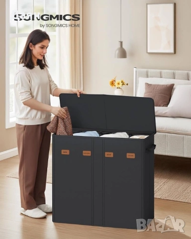Кош за пране SONGMICS с 4 отделения, 210 л, с капак, 5 етикета, подвижна и переща се вътрешна торба, снимка 4 - Други стоки за дома - 53269984