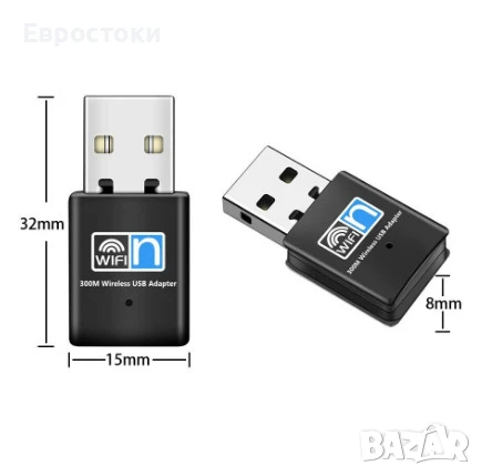 Мини WiFi адаптер 300Mbps 2.4 GHz 802.11 a/b/g/n, мини интернет адаптер за лаптоп, компютър, снимка 4 - Кабели и адаптери - 50716128