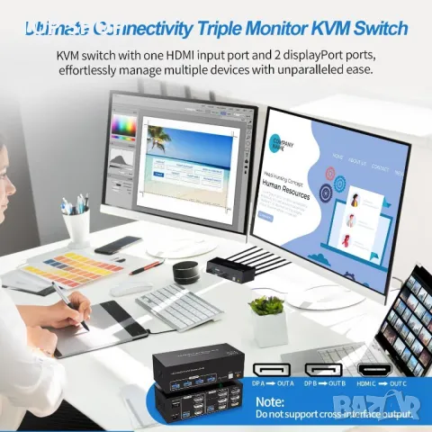 8K@60Hz KVM Switch 3 монитора - 2 компютъра, HDMI+2хDisplayport, 4хUSB 3.0, снимка 5 - Друга електроника - 49457591
