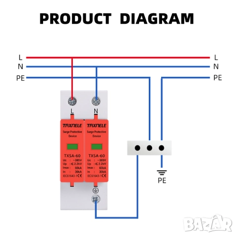 Taxnele Катоден отводител SPD 2P Защита от пренапрежение, ниско напрежение и мълниезащита, снимка 5 - Друга електроника - 52697240