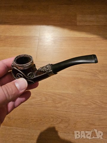 Красива Старинна колекционерска лула за пушене от бриар с  бронзова лъвска глава и бронзови орнамент, снимка 4 - Лули - 41794920