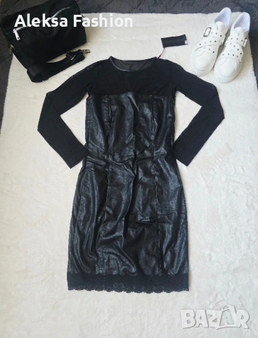 Дамска кожена рокля с ръкави от тюл, снимка 5 - Рокли - 47560475