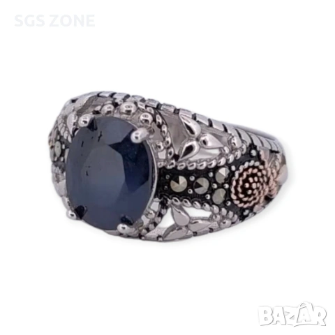 Мъжки сребърен пръстен със сапфир и марказит, снимка 5 - Пръстени - 53369400