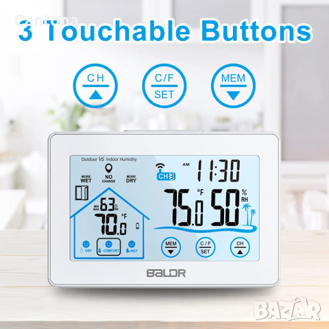 Безжична метеорологична станция BALDR с външен сензор, вътрешен и външен хигротермометър, подсветка, снимка 5 - Друга електроника - 36199953