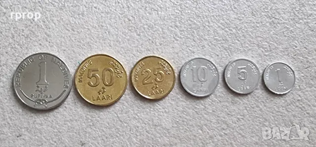 Екзотични монети. Малдиви.  Лот. 1, 5, 10, 25 , 50 лаари  и 1 рупия.  Лот. 6 бр. UNC., снимка 1