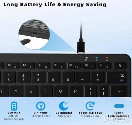 Безжична клавиатура Qulose, акумулаторна мини клавиатура Bluetooth, медийни клавиши, снимка 6 - Клавиатури и мишки - 50583686