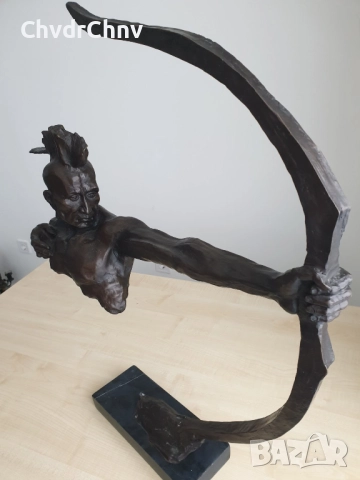 77см-10кг McKenzie статуя-композиция/канадска голяма бронзова скулптура/фигура на индианец с лък, снимка 4 - Статуетки - 52893100