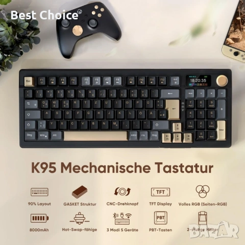 Безжична механична клавиатура RedThunder K95, TFT екран и копчета, трирежимна BT5.0/2.4GHz/USB-C, снимка 8 - Клавиатури и мишки - 53057398