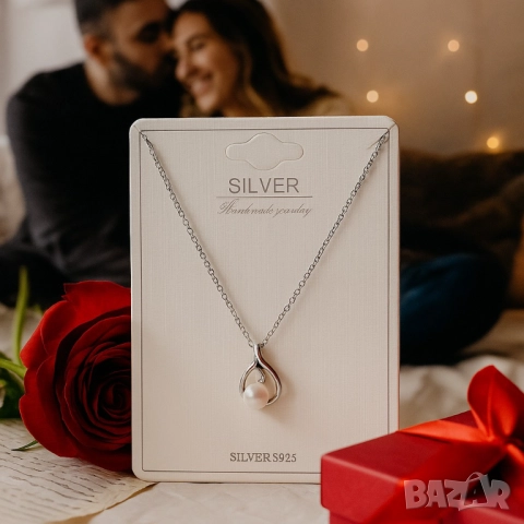 Елегантно сребърно колие с перлена висулка, снимка 4 - Колиета, медальони, синджири - 51926428