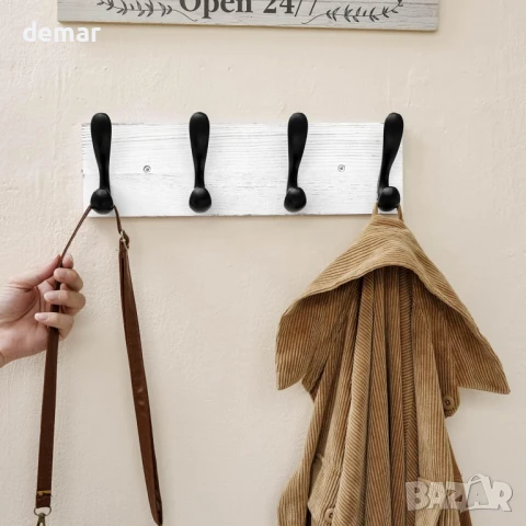 Закачалка за палта HONSKY за стенен монтаж, дървена с 4 двойни куки, бяла/черна, снимка 6 - Закачалки - 50917845