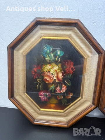 Чифт маслени картини цветя №7237, снимка 2 - Антикварни и старинни предмети - 51094698