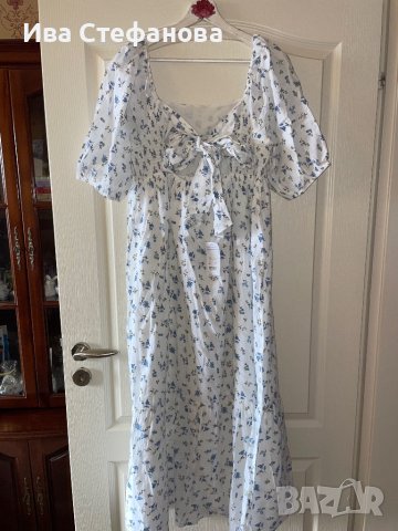 Нова 100% памук памучна  елегантна бяла романтична еж  буфан ръкав рокля флорален принт сини цветя , снимка 9 - Рокли - 41865954