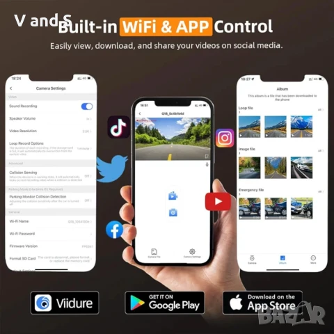 Видеорегистратор за автомобили отпред и отзад, 2.5K/1080P камера, безплатна карта 64GB, вграден WiFi, снимка 4 - Камери - 50703921