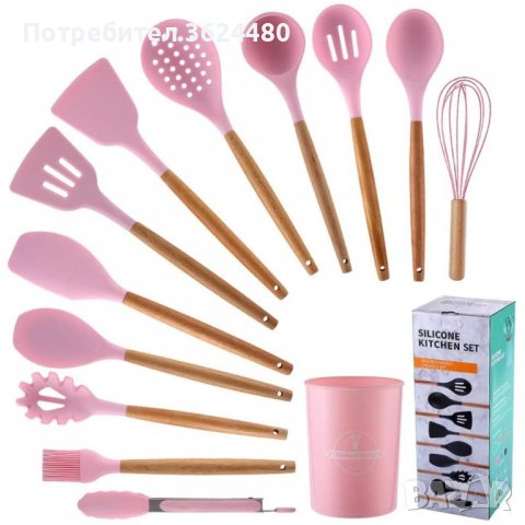 Комплект аксесоари за готвене Силиконови с дървени дръжки, снимка 3 - Прибори за хранене, готвене и сервиране - 39982609