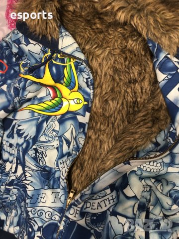 Зимно яке с пух Ed Hardy by Christian Audigier Tatoo Tiger Wolf bird S Small, снимка 2 - Суичъри - 25777992