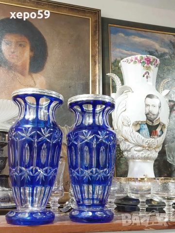 Комплект Прекрасни кристални вази със сребърни гривни''Бохемия кристал-1900 год.сребро 800, снимка 12 - Вази - 52565851