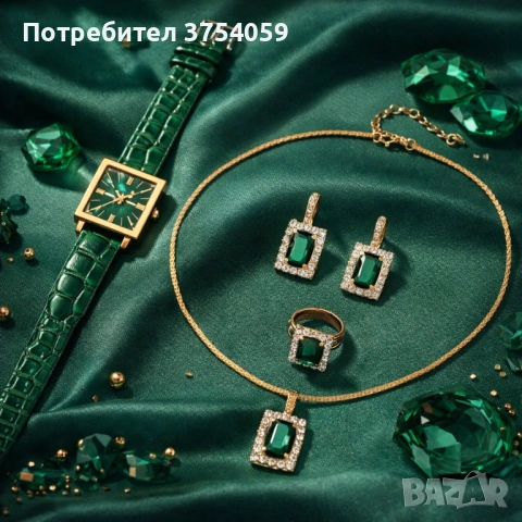 Елегантен комплект часовник и бижута с зелени кристали и златист корпус, снимка 2 - Подаръци за жени - 53085304