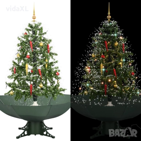 vidaXL Коледна елха с валящ сняг и основа от чадър, зелена, 140 см(SKU:284333)