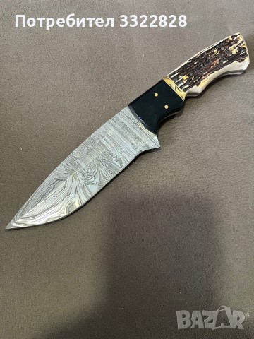 Ловен нож от Дамаска стомана дръжка смола кожена кания, снимка 2 - Ножове - 44014784