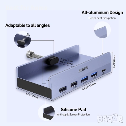 BENFEI 8-в-1 USB C хъб със сигурна скоба – с 4K@60Hz HDMI, Gigabit Ethernet, 100W PD, 10Gbps , снимка 7 - Друга електроника - 53696064