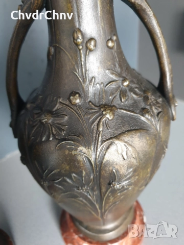 Франция 1800-те/2бр фигурални вази 32см-4кг/стари френски пиедестални вази с дръжки/ЦАМ-мрамор, снимка 8 - Антикварни и старинни предмети - 52956687